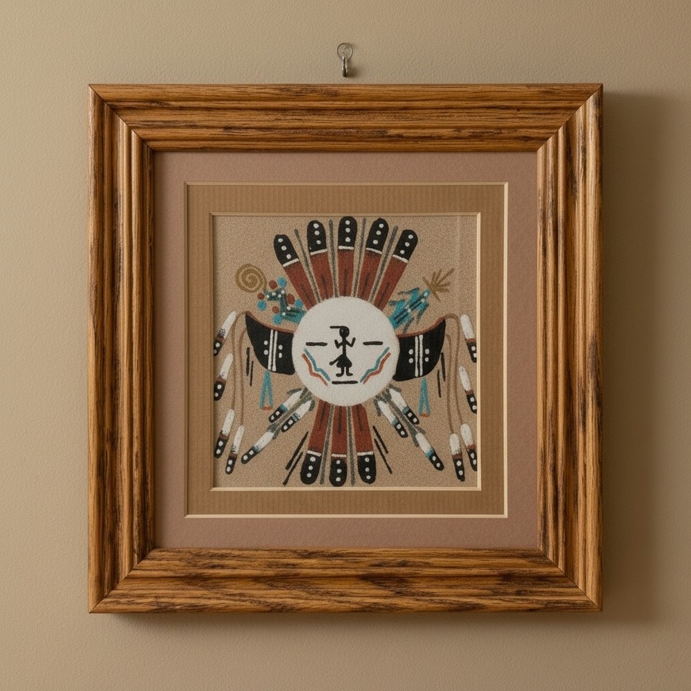 Authentic Navajo Sandpainting Sun & Eagle Handcrafted Framed Wall Art 7x7